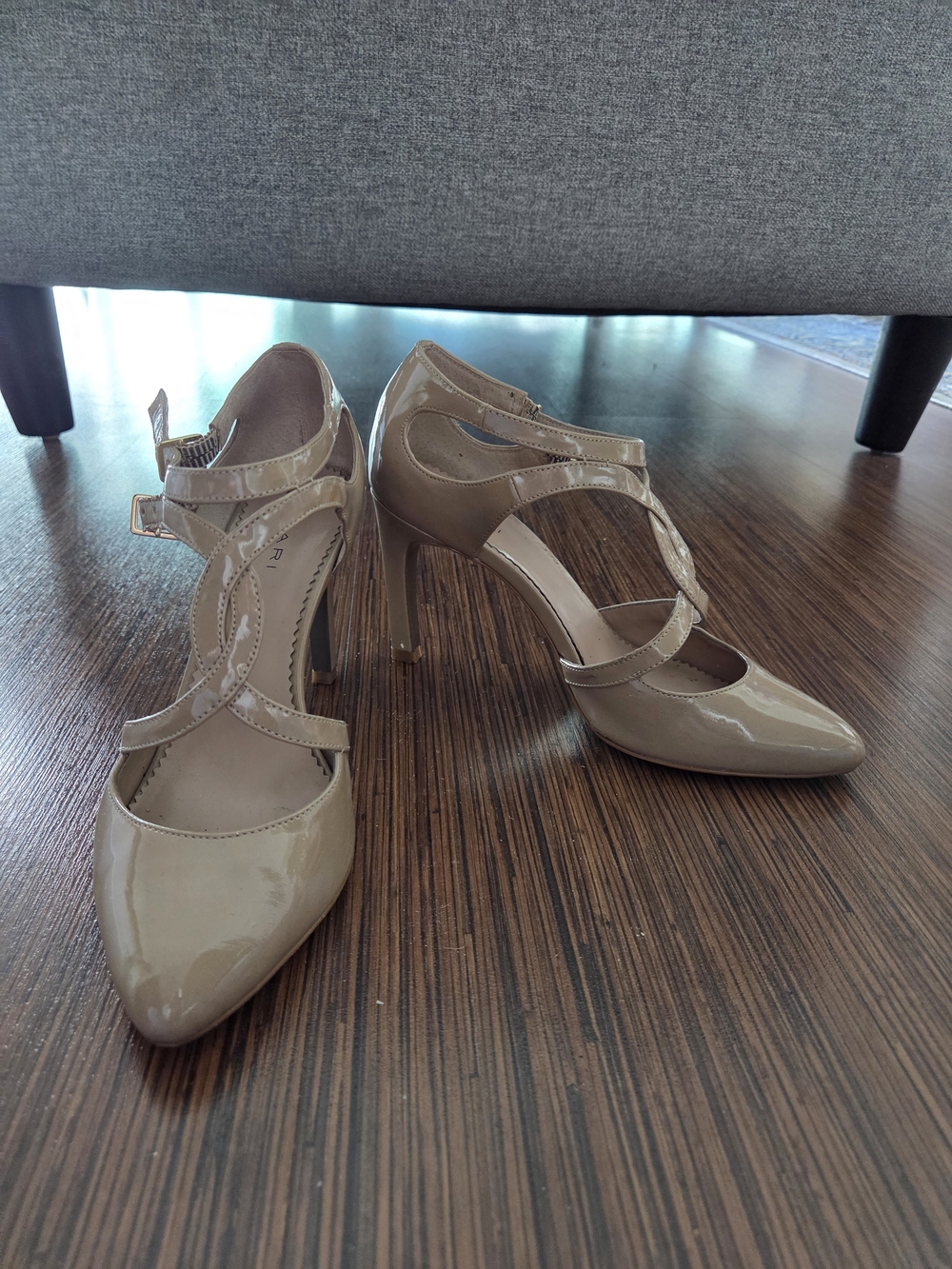 Tahari Patent T-Strap Heels in Nude